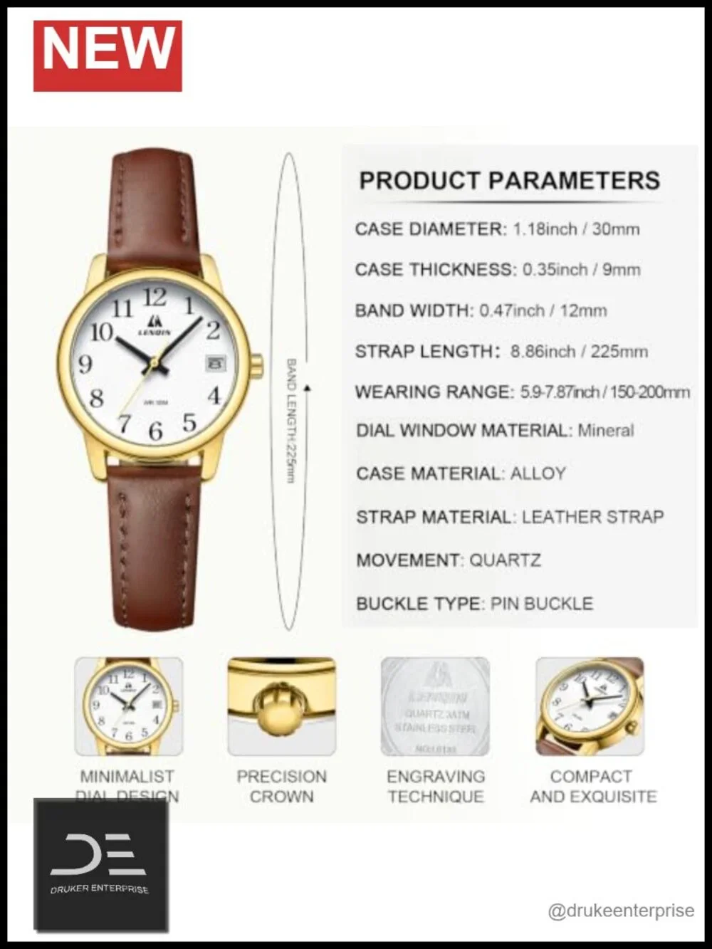 Women's Analog Quartz Wrist Watch with Leather Band, 30mm Case, 3ATM Water